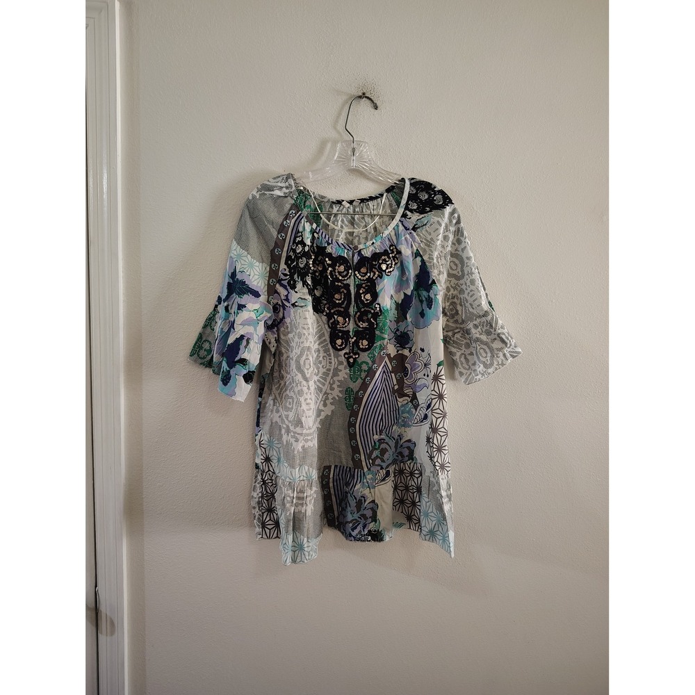 Madison Mixed Print Sequin Embroidered Tunic Top Blue Green Patchwork Large